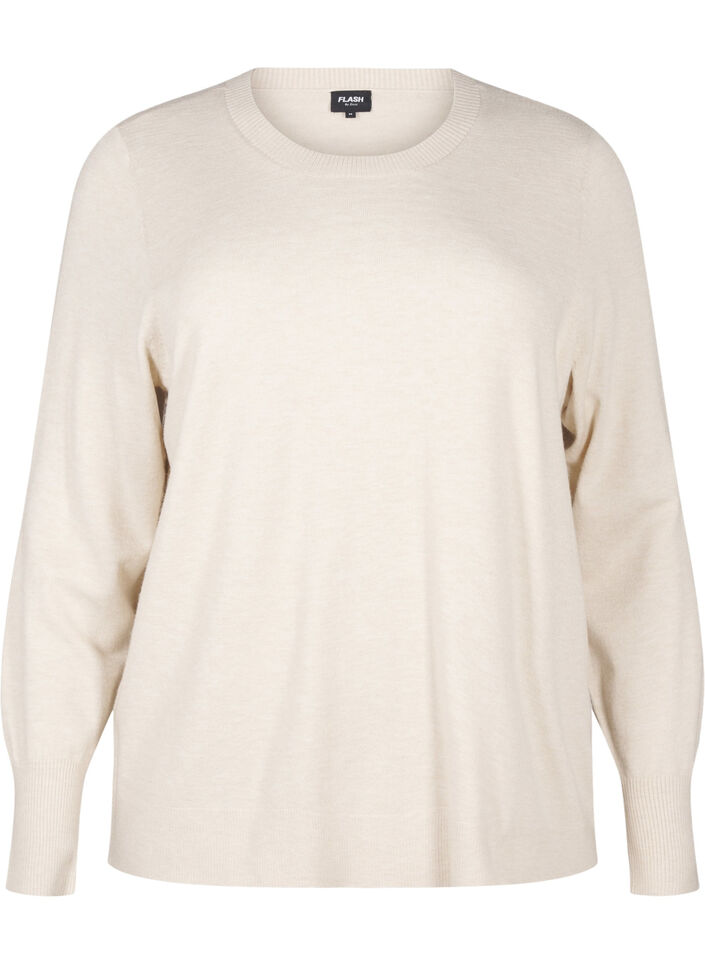 FLASH - Strikbluse med rund hals, Beige, Packshot image number 0