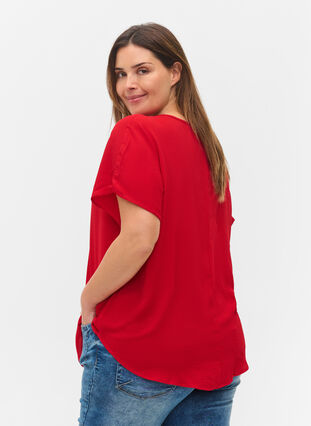 Bluse med korte ærmer og rund halsudskæring, Tango Red, Model image number 1