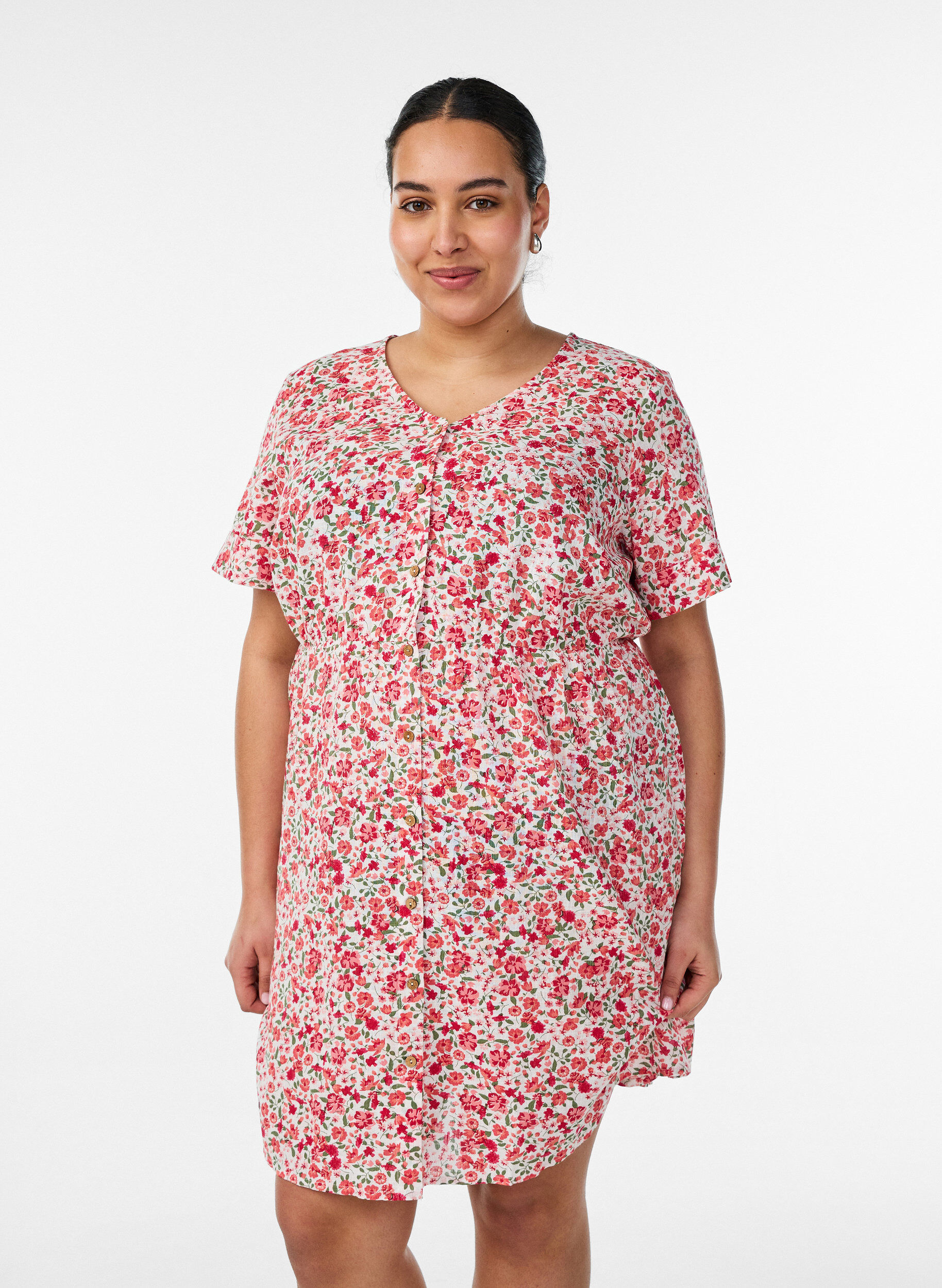 Kort kjole i bomuld med blomsterprint, R&oslash;d, Model
