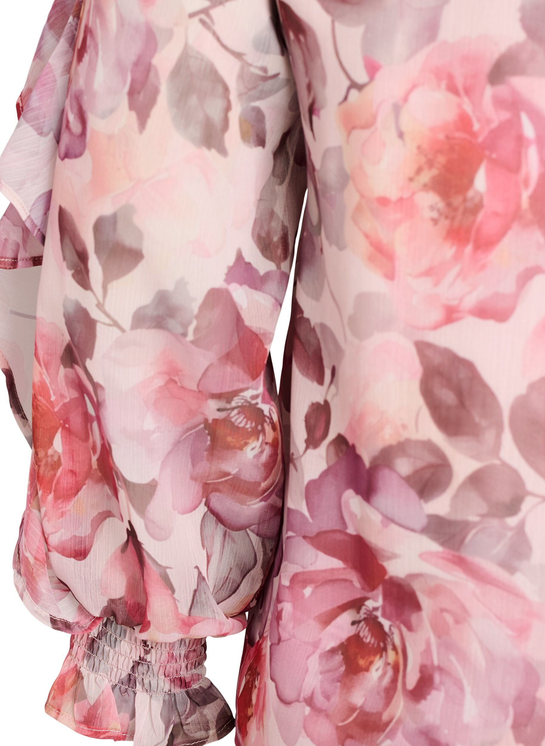 ZizziBlomstret bluse med V-udsk&aelig;ring og fl&aelig;se&aelig;rmer, Lyser&oslash;d, Packshot image number 3