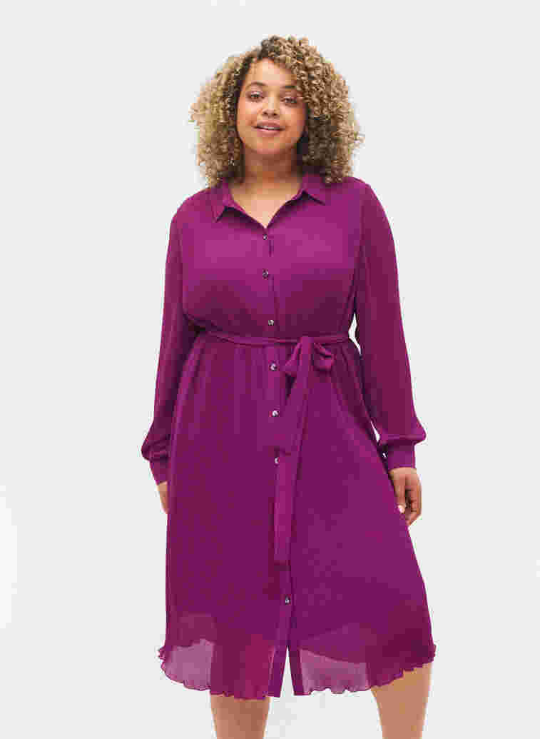 Plisseret skjortekjole med  bindebånd, Grape Juice, Model image number 0