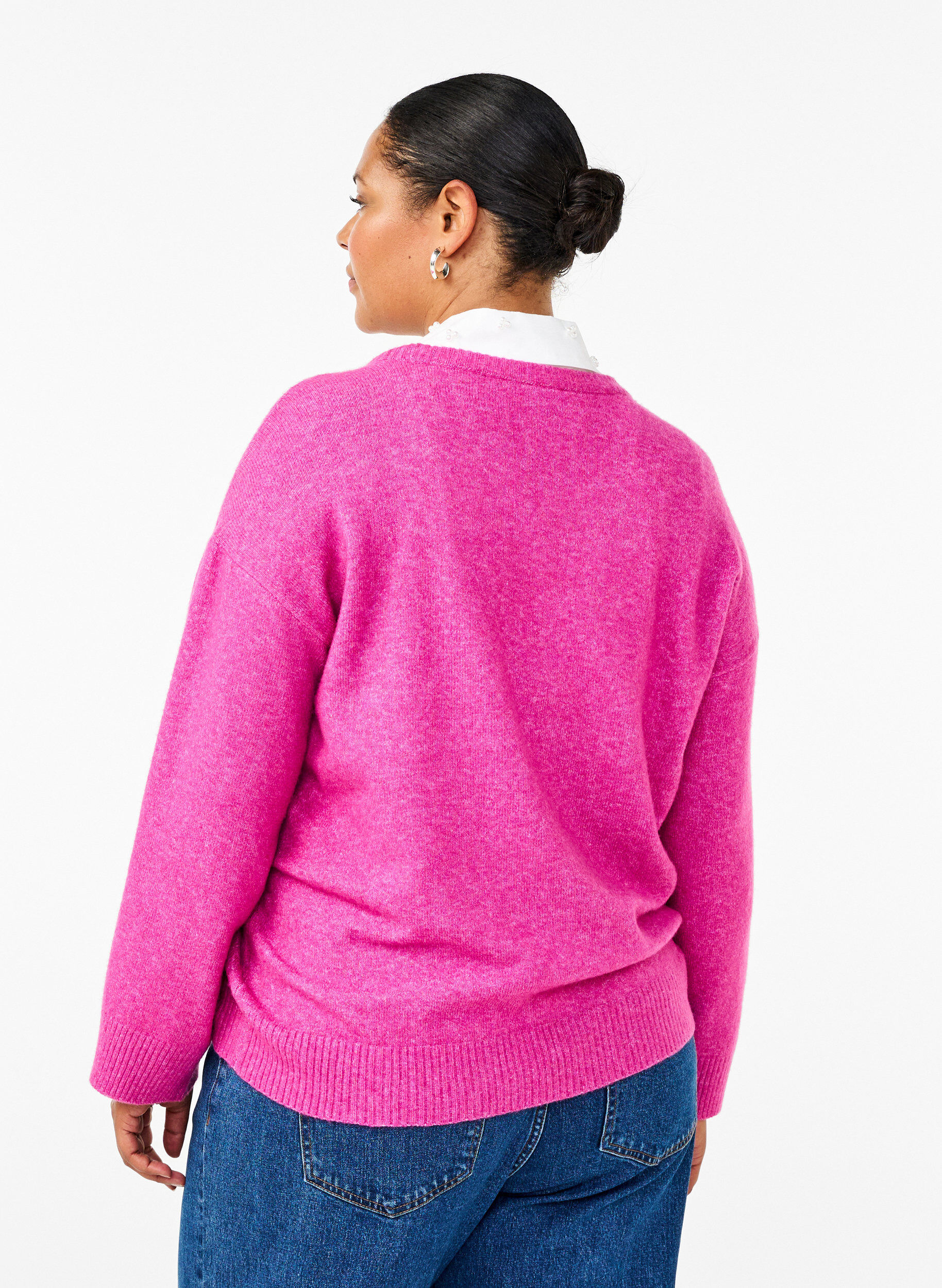 Zizzi Strikbluse med rund hals og midters&oslash;m, Fuchsia Red Mel., Model image number 1