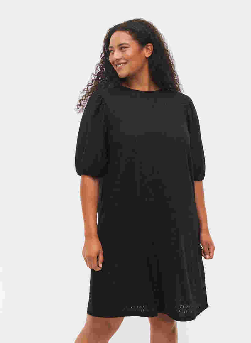 Kjole med strukturmønster og ballonærmer, Black, Model image number 0