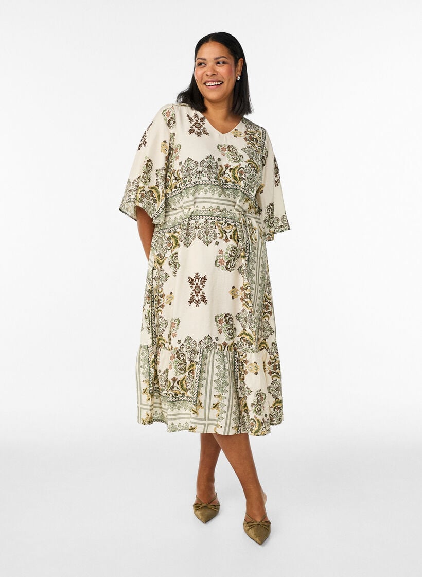 M&oslash;nstret midikjole i viskose med bindeb&aring;nd, Gr&oslash;n, Model