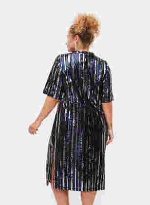 Kortærmet pailletkjole med slids, Evening Blue Stripe , Model