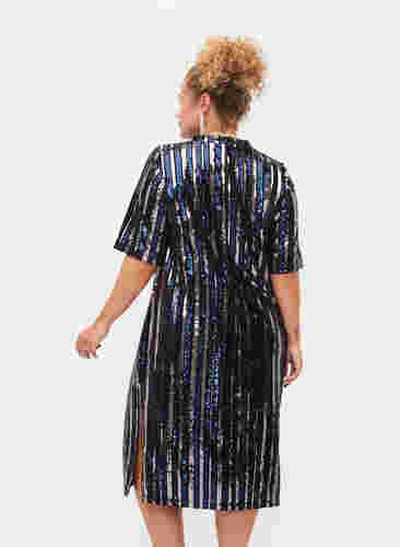 Kortærmet pailletkjole med slids, Evening Blue Stripe , Model image number 1