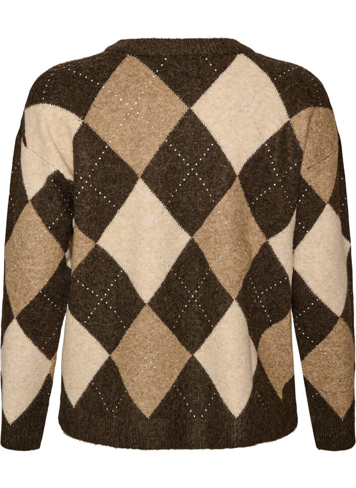 Strikbluse med argylem&oslash;nster og rhinsten, Brun, Packshot image number 1