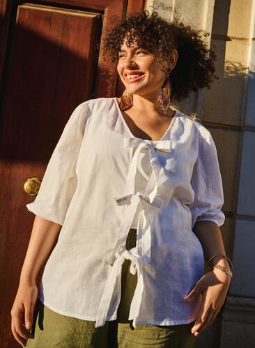 3/4 ærmet bluse i bomuldsmix med hør, Bright White, Image image number 0