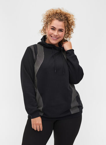 Sweatshirt med hætte og printdetaljer, Black, Model image number 0