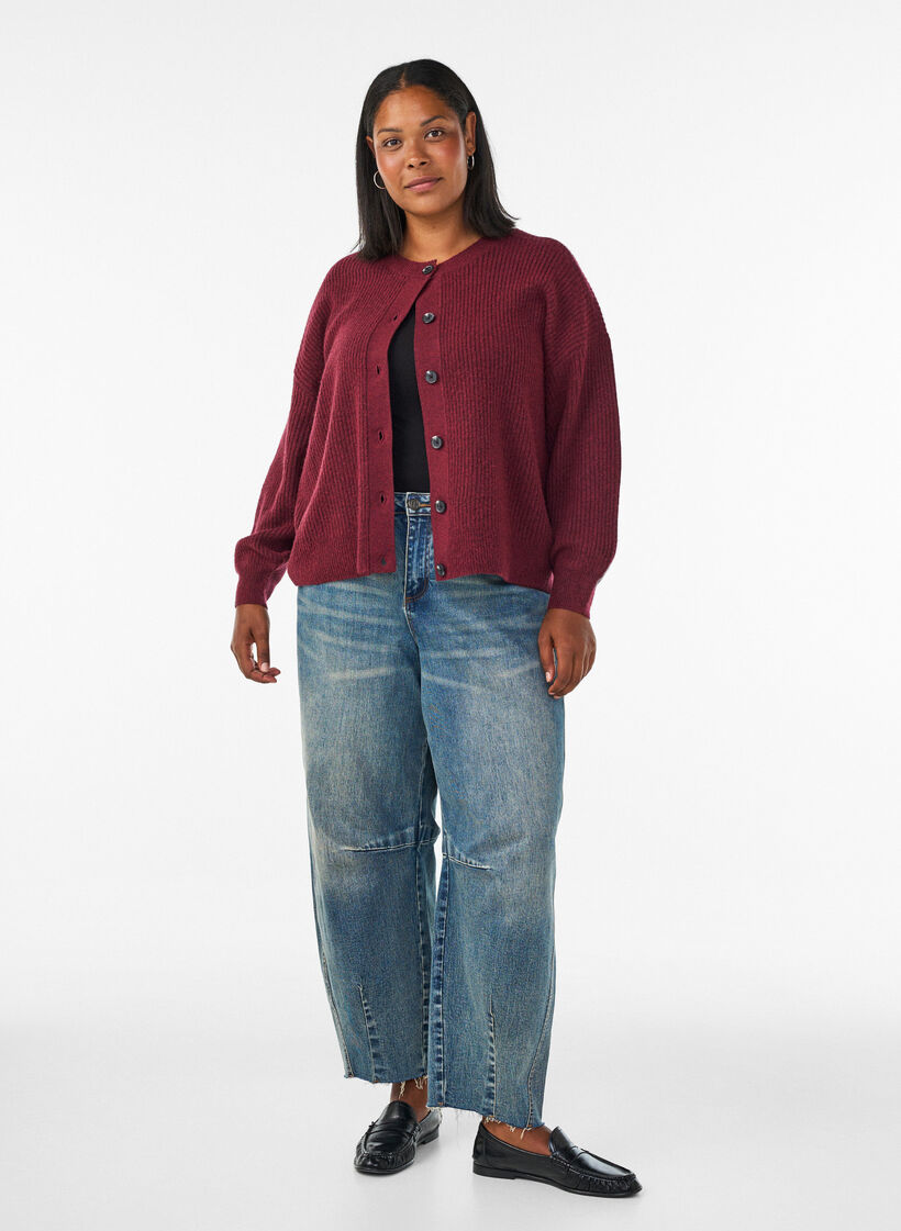 Ribstrikket cardigan med knapper, R&oslash;d, Model image number 1