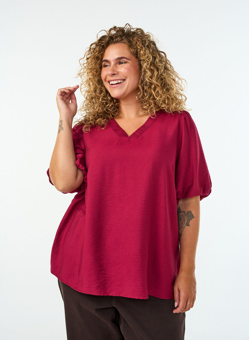 Bluse med ballon&aelig;rmer og V-udsk&aelig;ring, R&oslash;d, Model image number 0