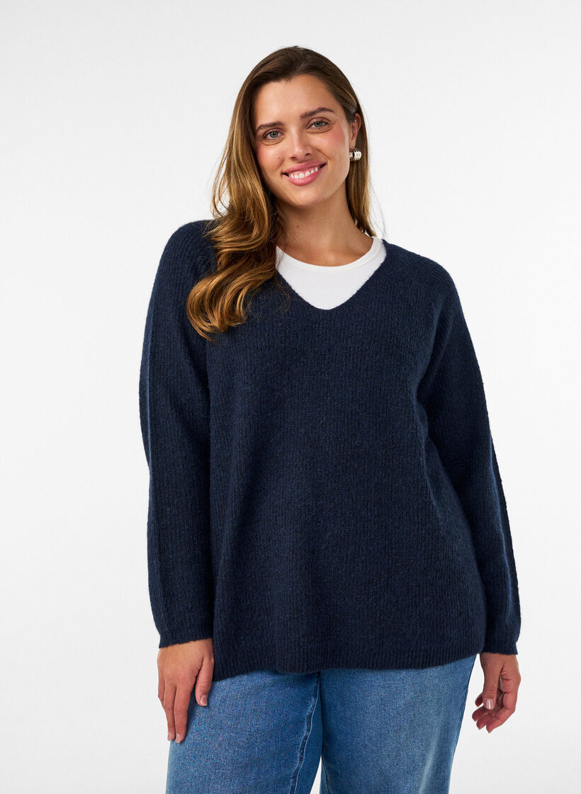 Strikbluse med V-hals og raglan&aelig;rmer, Bl&aring;, Model image number 0