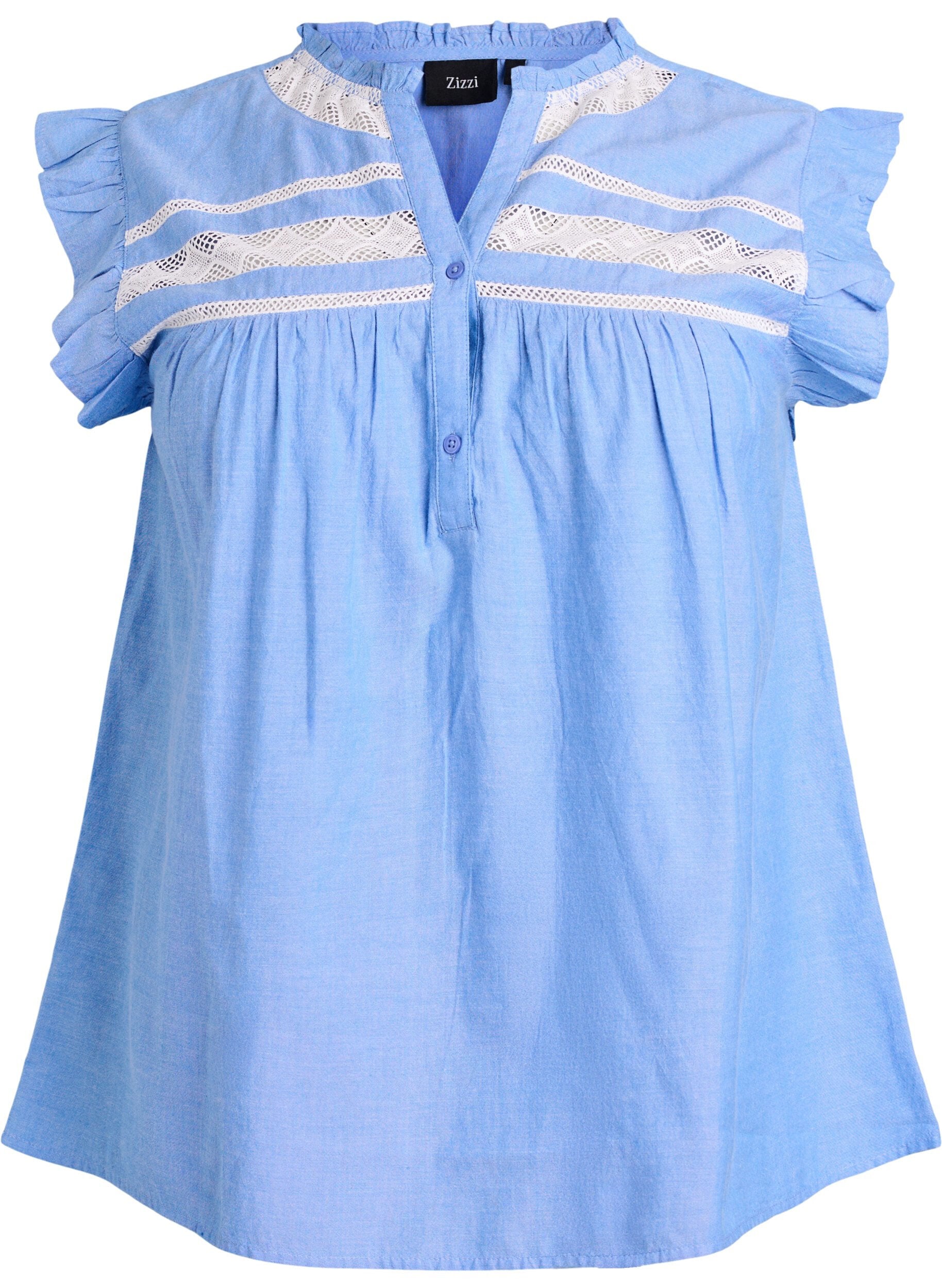 Zizzi&AElig;rmel&oslash;s bluse i bomuld med fl&aelig;sekanter, Bl&aring;, Packshot image number 0