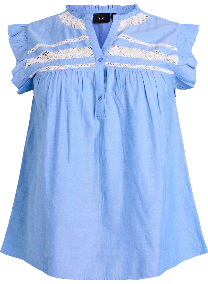 &AElig;rmel&oslash;s bluse i bomuld med fl&aelig;sekanter, Bl&aring;, Packshot image number 0