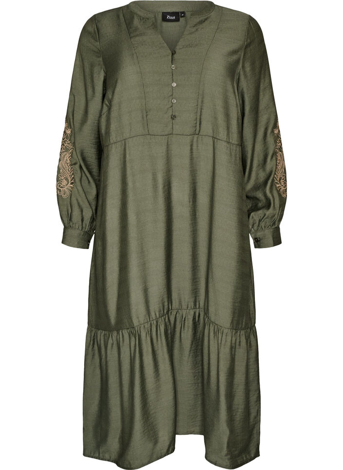 Viskosekjole med broderi og fl&aelig;selag, Gr&oslash;n, Packshot image number 0