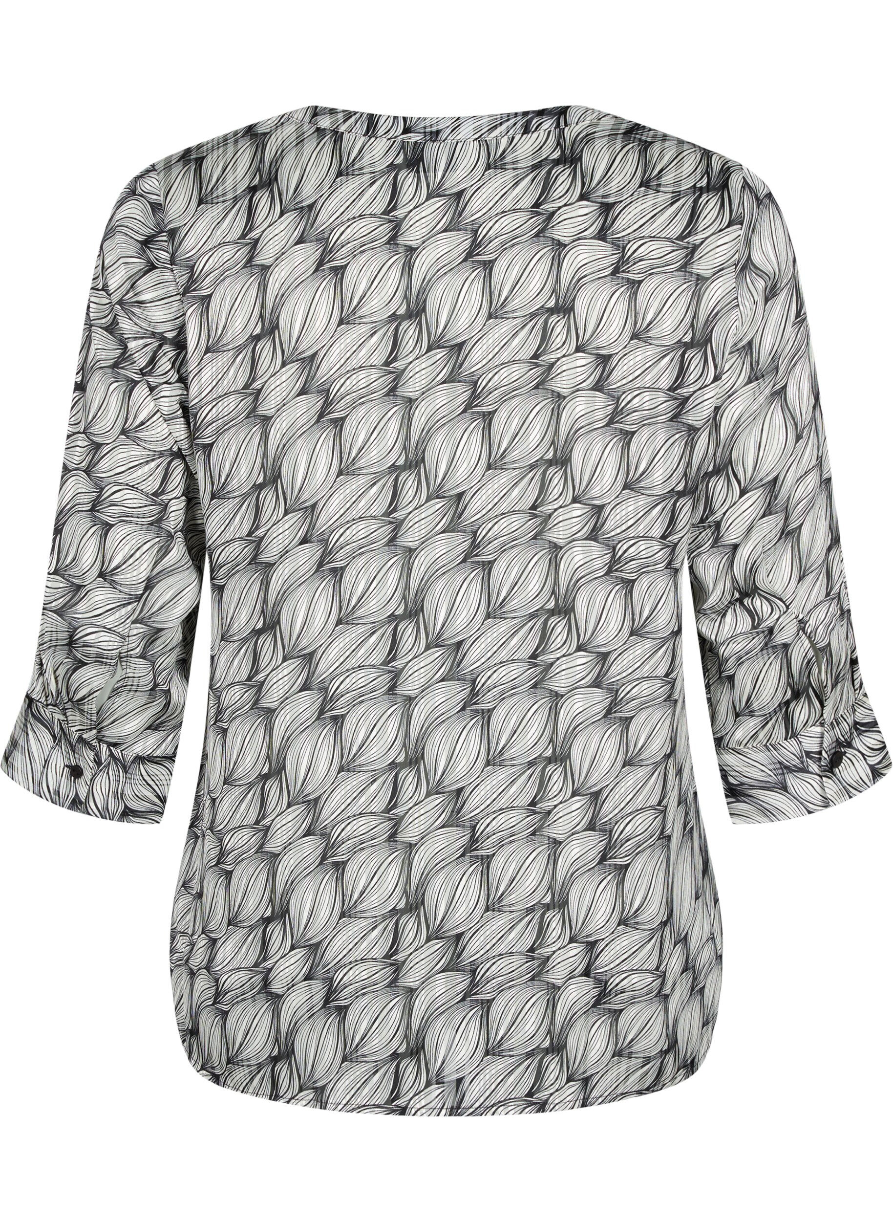 Zizzi Bluse med print og 3/4 &aelig;rmer , Black White Leaf, Packshot image number 1
