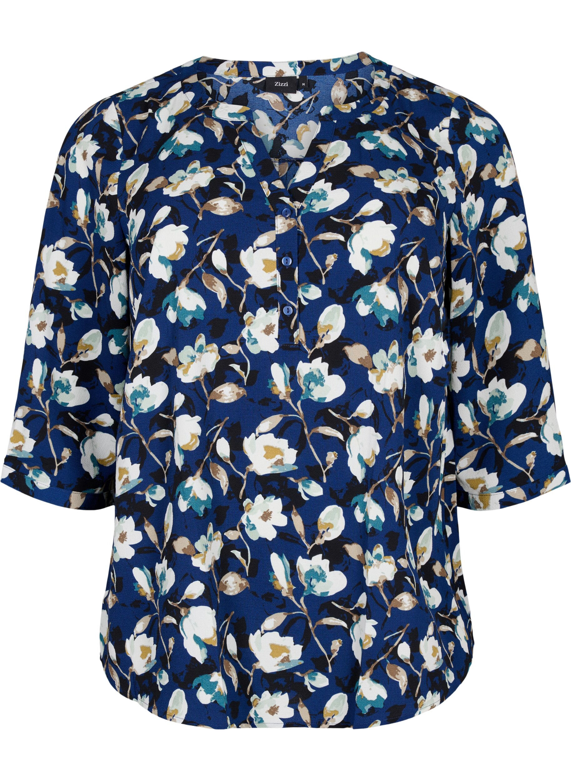 Zizzi Blomstret bluse med 3/4 &aelig;rmer, P. Blue Flower AOP, Packshot image number 0