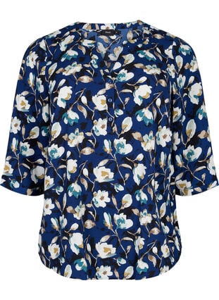 Blomstret bluse med 3/4 ærmer, P. Blue Flower AOP, Packshot image number 0