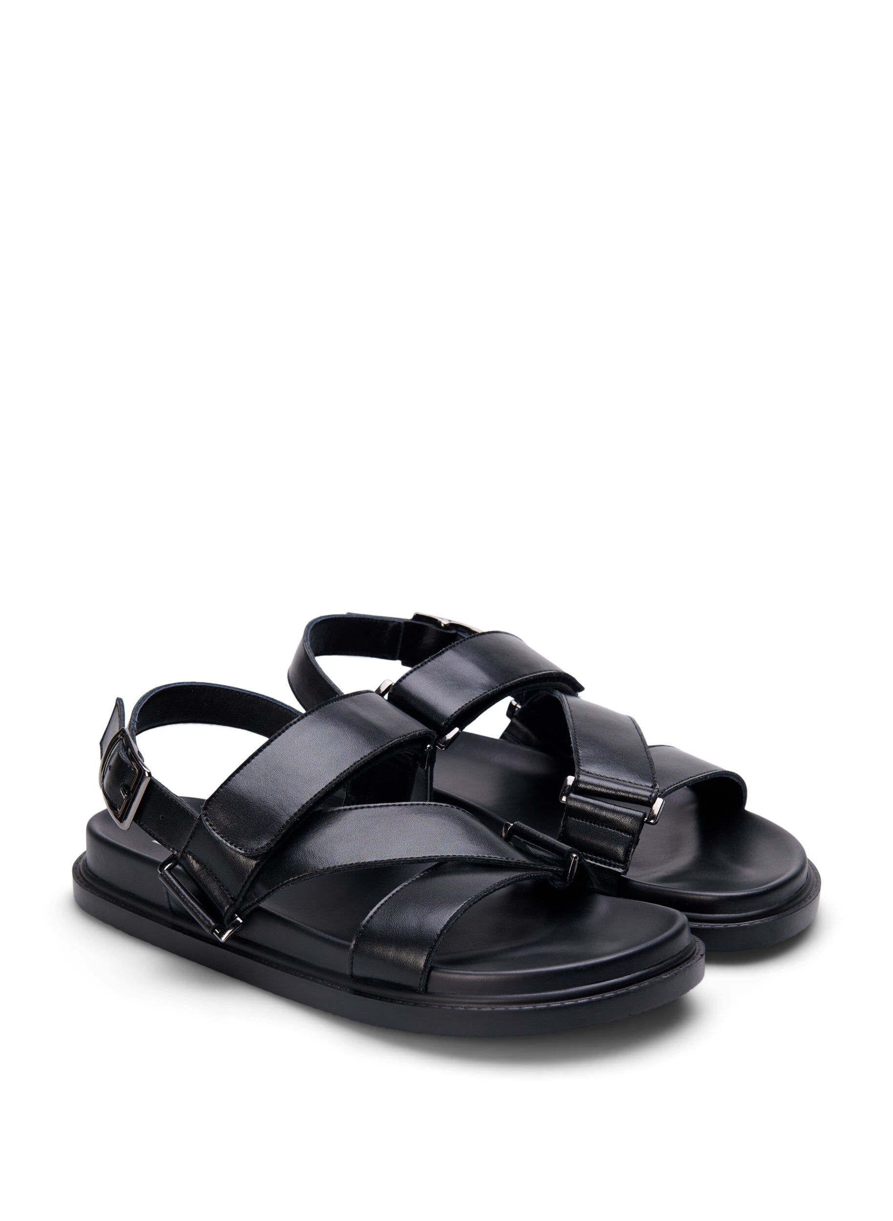 Zizzi Wide fit - L&aelig;dersandal med justerbare stropper, Sort, Packshot image number 1