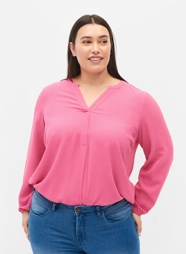 Ensfarvet bluse med v-hals, Shocking Pink, Model image number 0