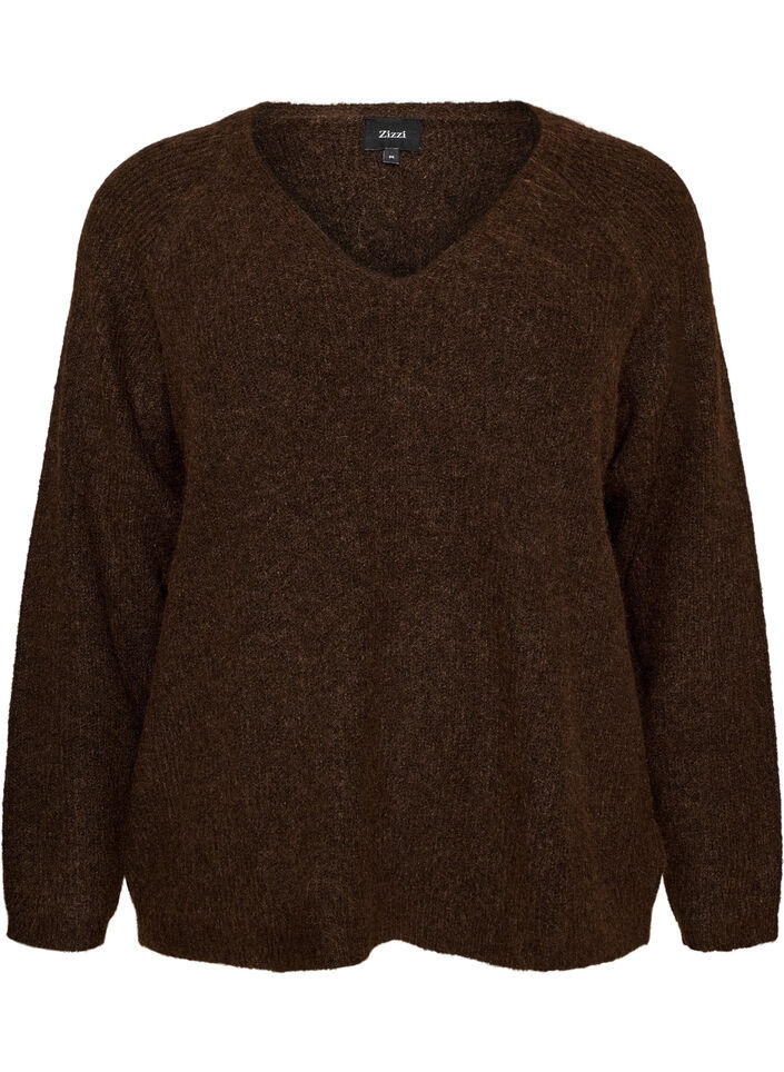 Strikbluse med V-hals og raglan&aelig;rmer, Brun, Packshot image number 0