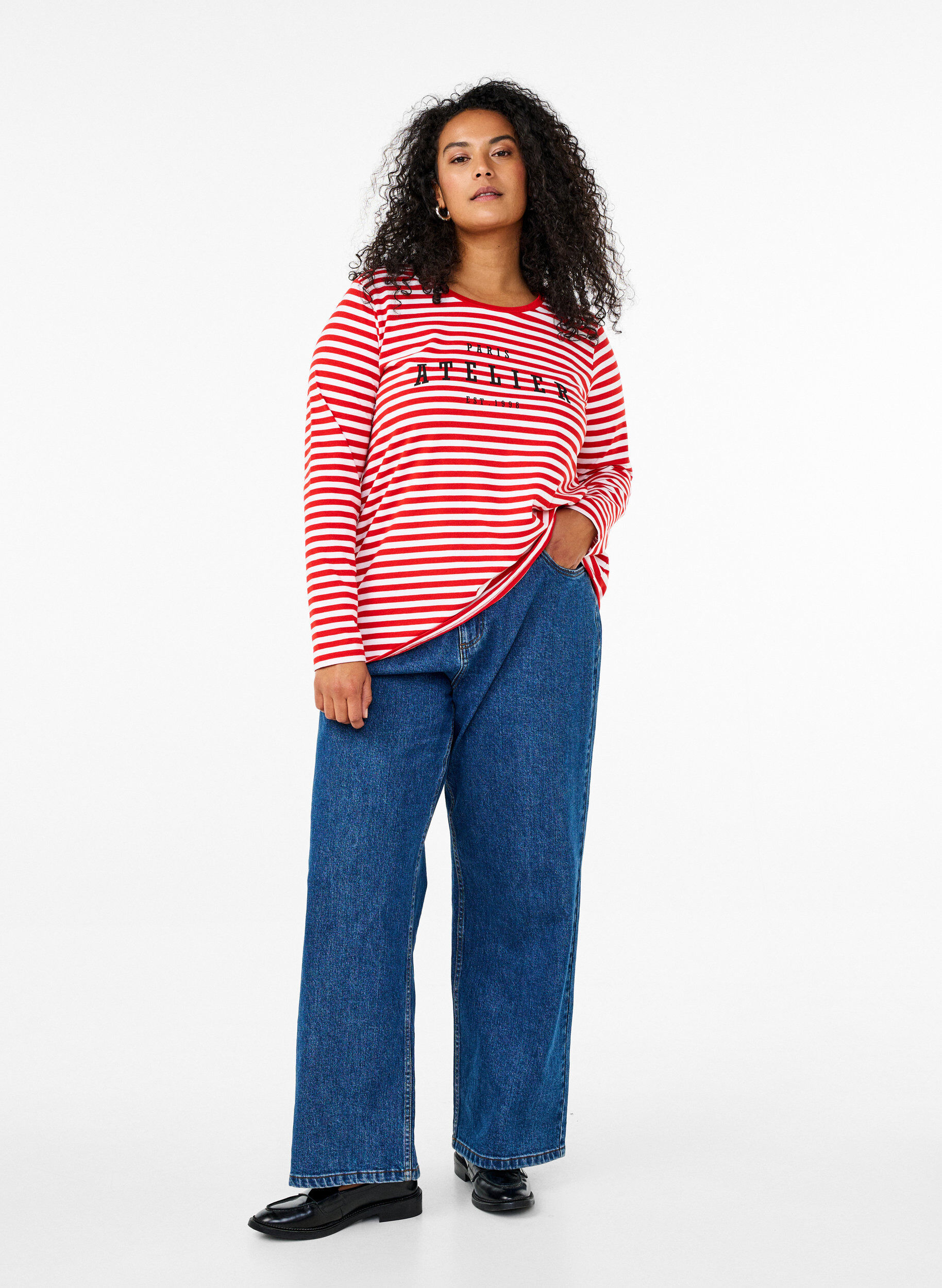 Zizzi Bluse med striber og motiv, Whitew.FlameS.Stripe, Model image number 2