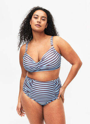 Højtaljet bikinitrusse med striber, BlueBrown Stripe AOP, Model image number 0