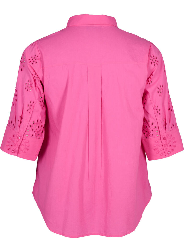 Skjortebluse med broderi anglaise og 3/4 ærmer, Raspberry Rose, Packshot image number 1