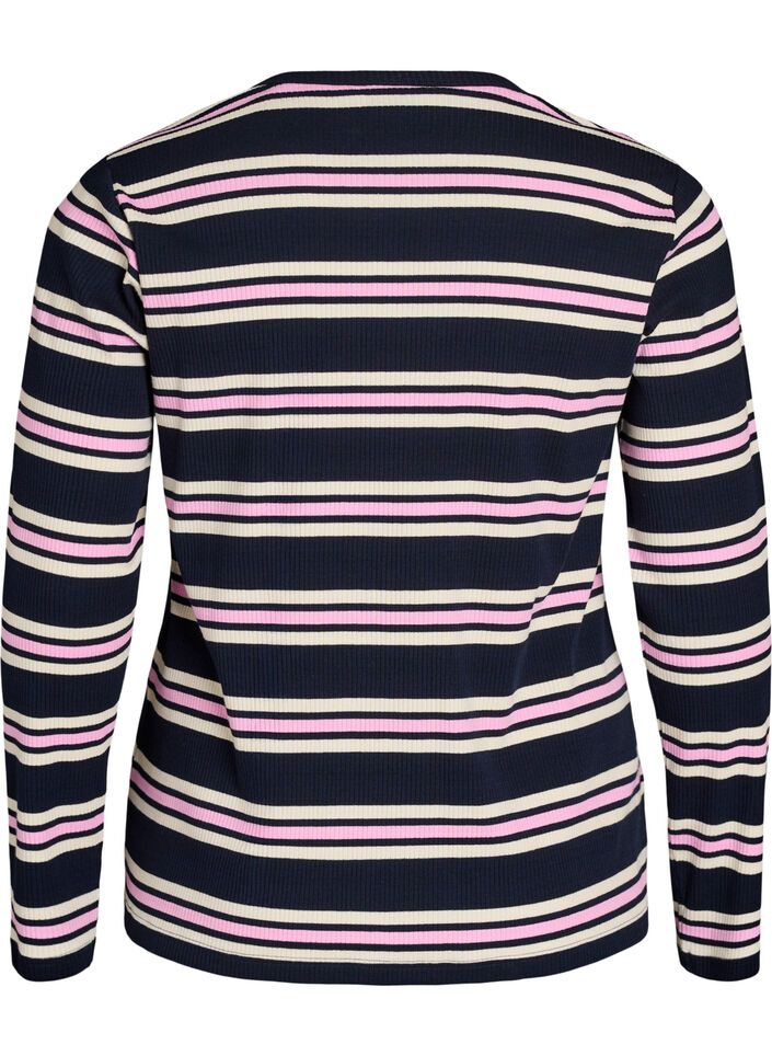 Lang&aelig;rmet natbluse i rib jersey med striber, Bl&aring;, Packshot