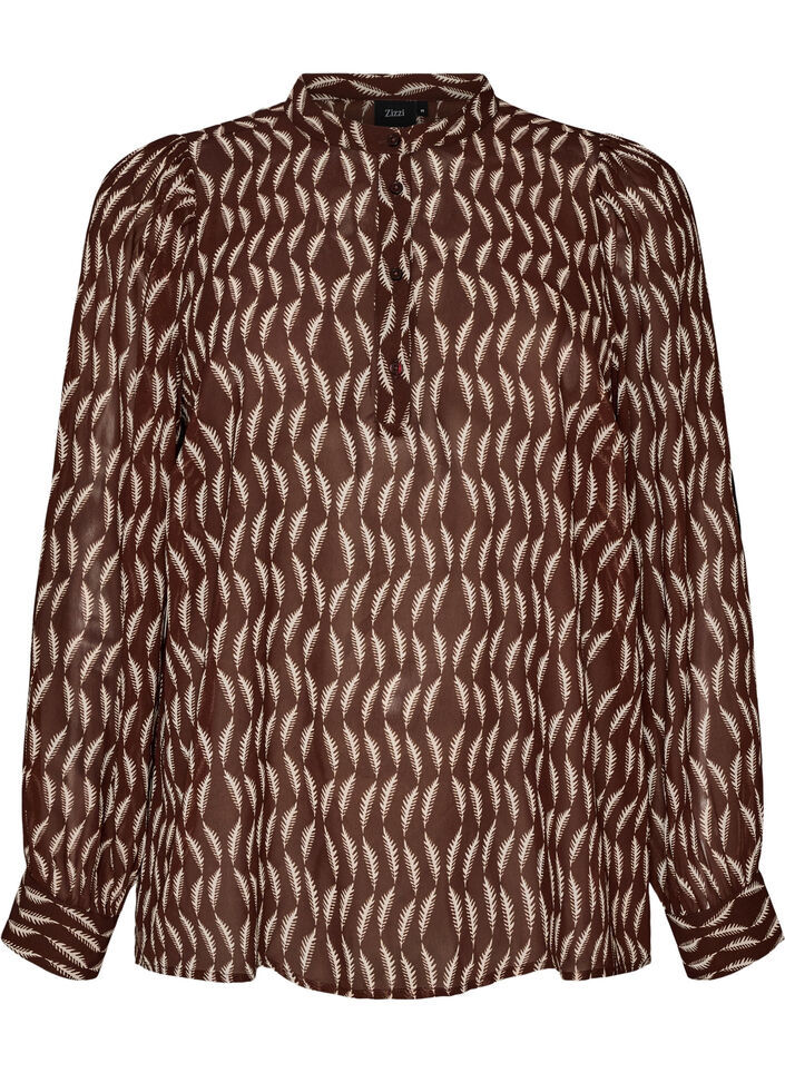 Bluse med all-over print og kort knapstolpe, Brun, Packshot image number 0