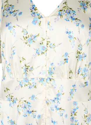 Blomstret satinkjole med pufærmer, Off White Blue Fl., Packshot image number 2