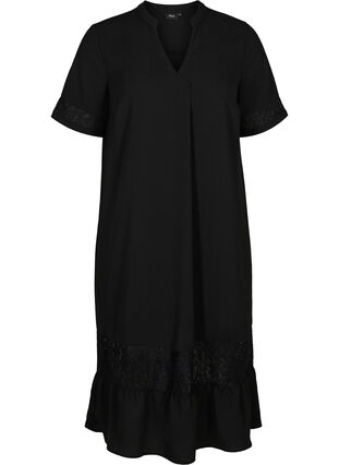 Kortærmet kjole med blondedetaljer, Black, Packshot image number 0