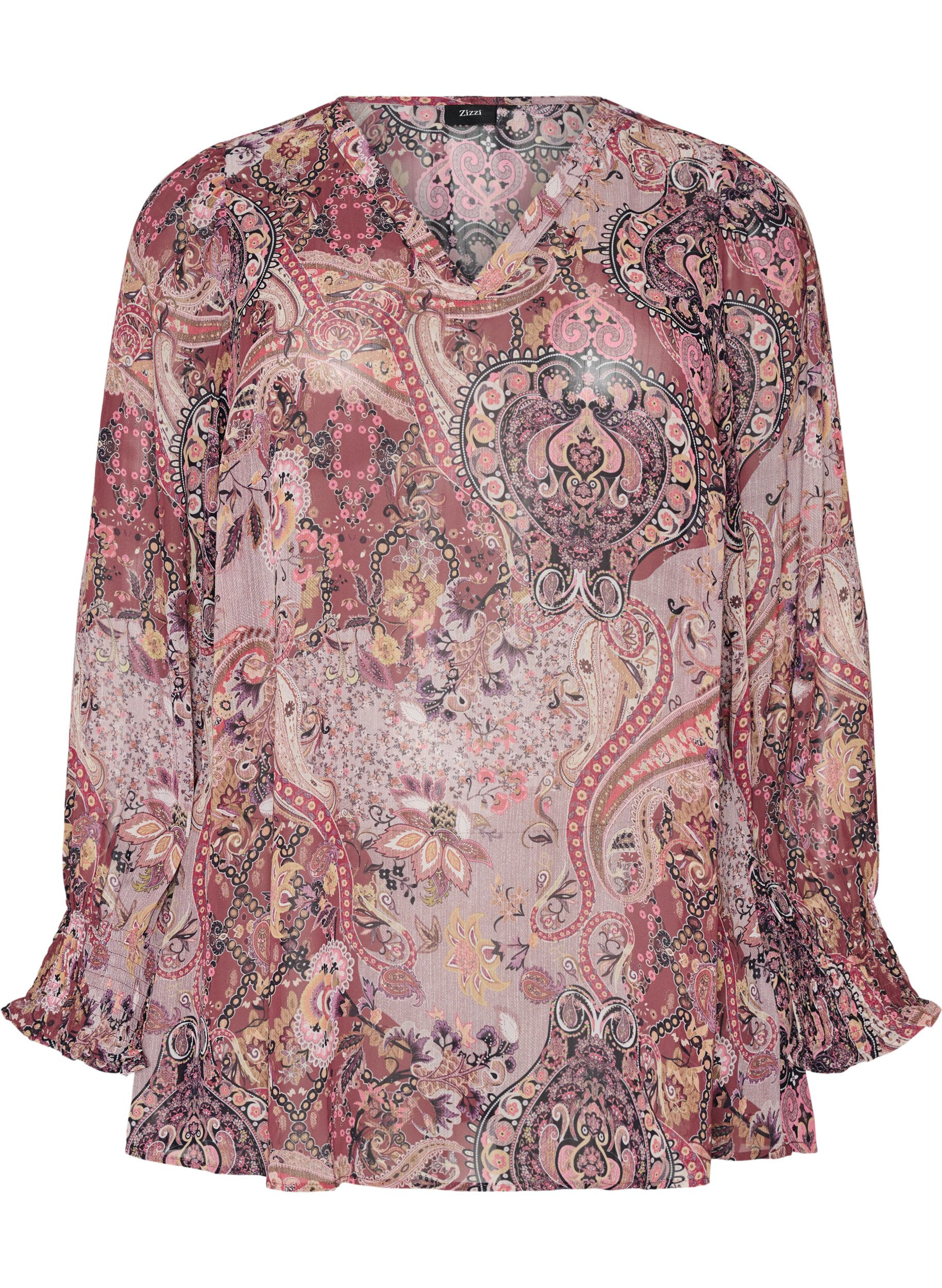 Tunika med paisleyprint og smockmanchetter