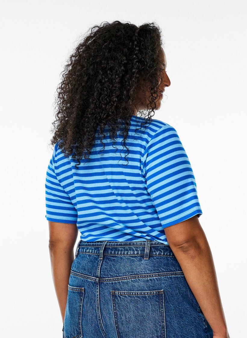 Stribet t-shirt med ribstruktur, Bl&aring;, Model image number 2