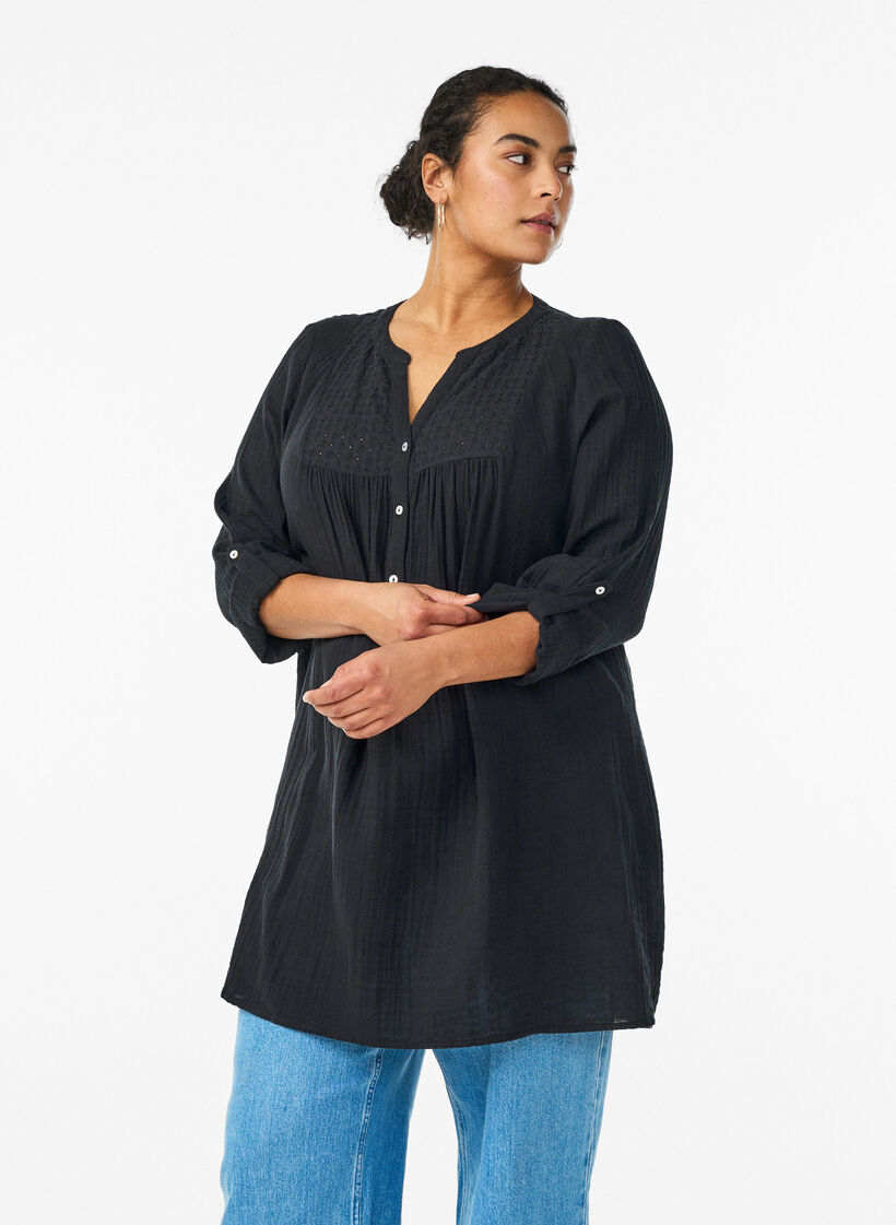 Tunika i bomuldsmusselin med broderi anglaise, Sort, Model image number 0
