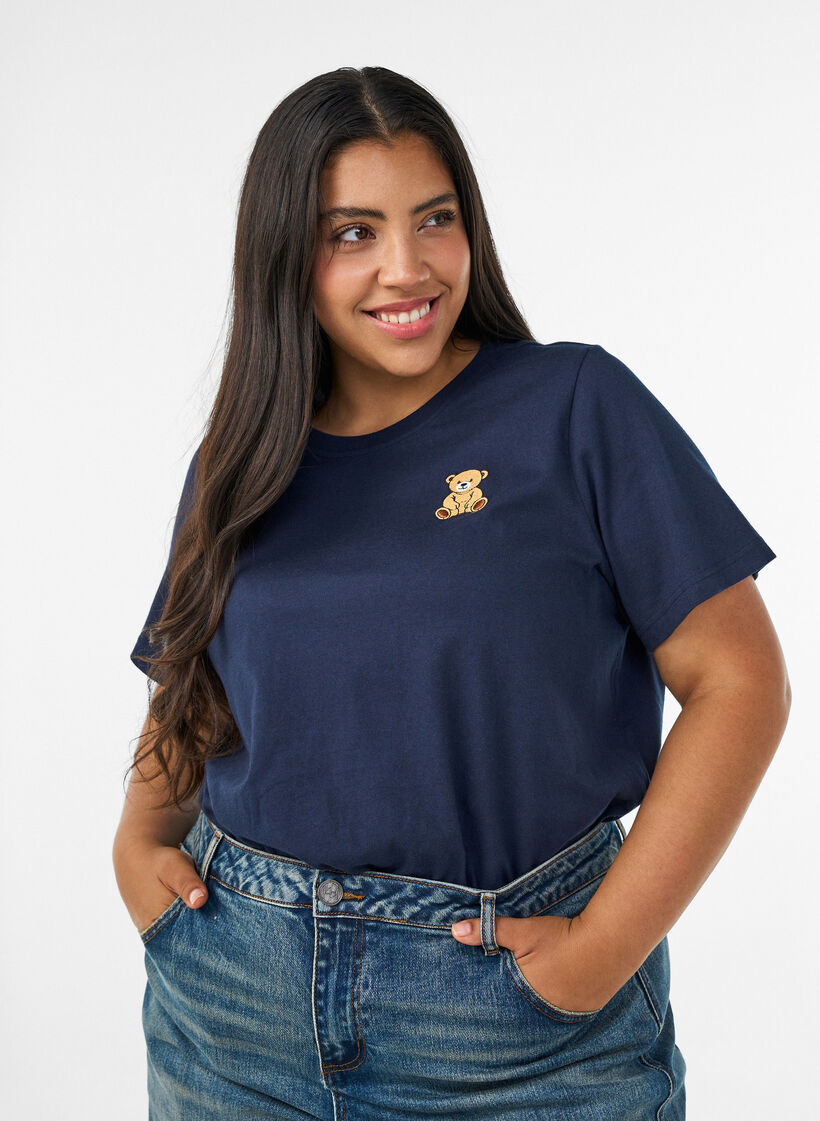T-shirt i &oslash;kologisk bomuld med bamsemotiv, Bl&aring;, Model image number 0