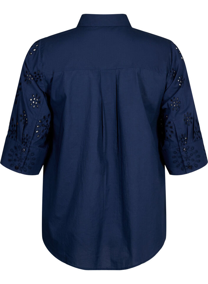 Skjortebluse med broderi anglaise og 3/4 ærmer, Navy Blazer, Packshot image number 1