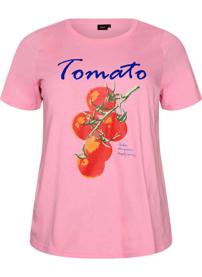 T-shirt i &oslash;kologisk bomuld med tomatprint, Lyser&oslash;d, Packshot image number 0