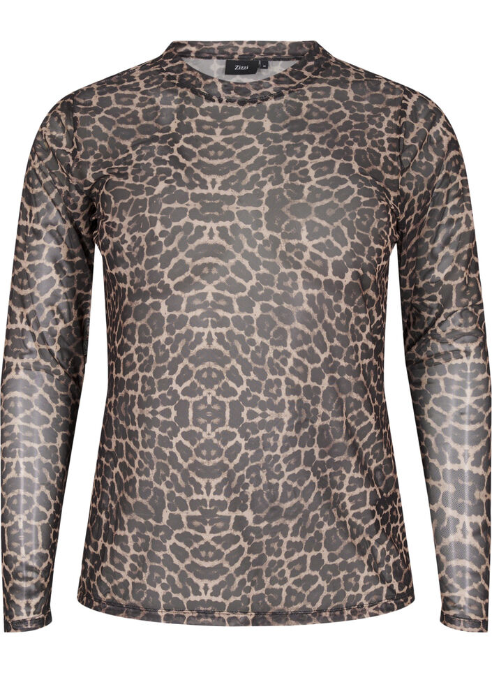 Mesh bluse med leopard mønster, Brun, Packshot image number 0