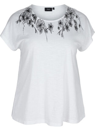 Bomulds t-shirt med printdetaljer , Bright White FLOWER, Packshot image number 0