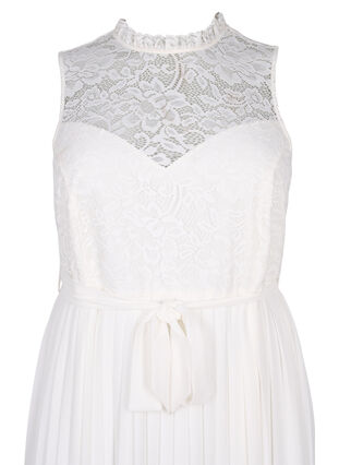 Ærmeløs kjole med blonder og plissé, Bright White, Packshot image number 2