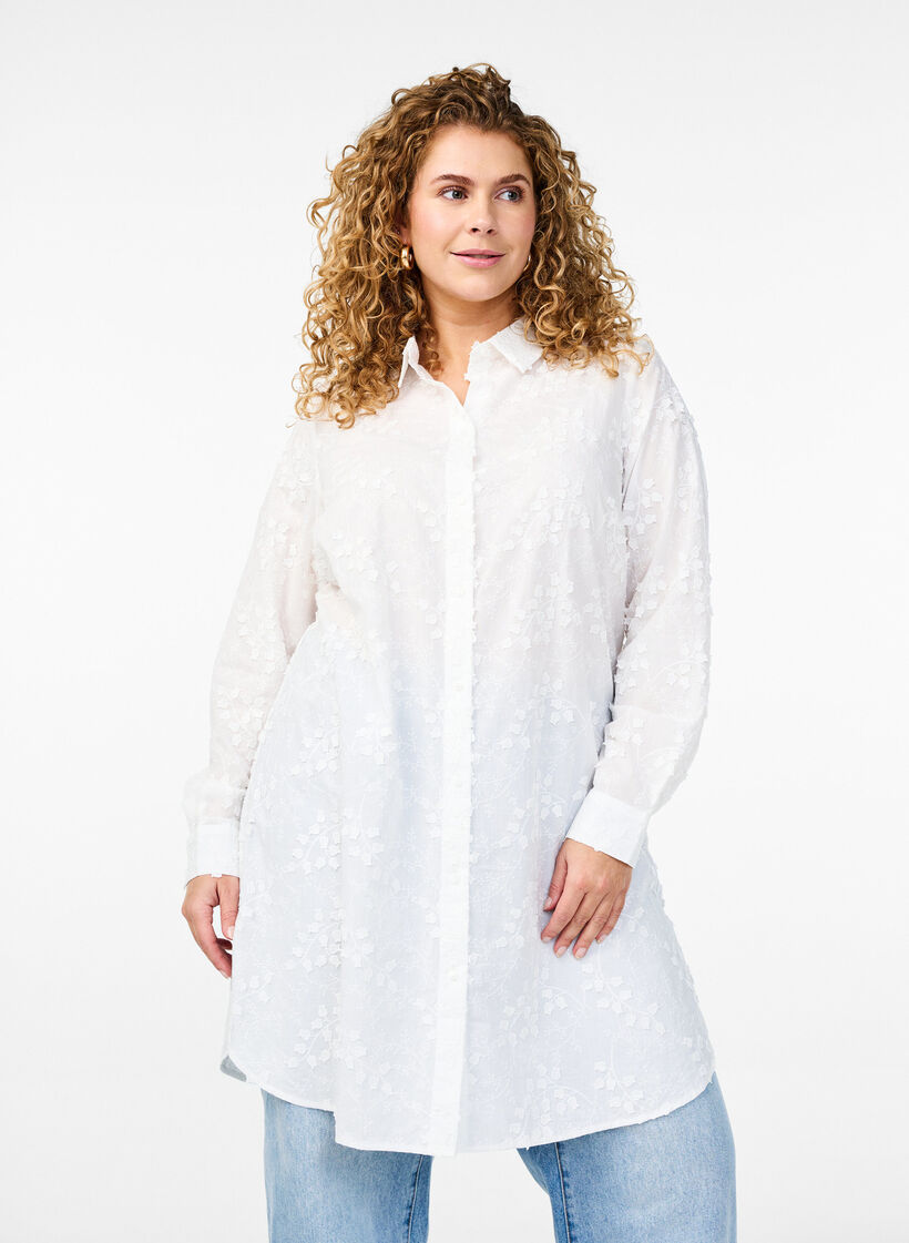 Skjortekjole med broderede blomster, Hvid, Model image number 0