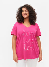 Bomulds t-shirt med v-hals og tryk, Fuchsia Purple Love, Model