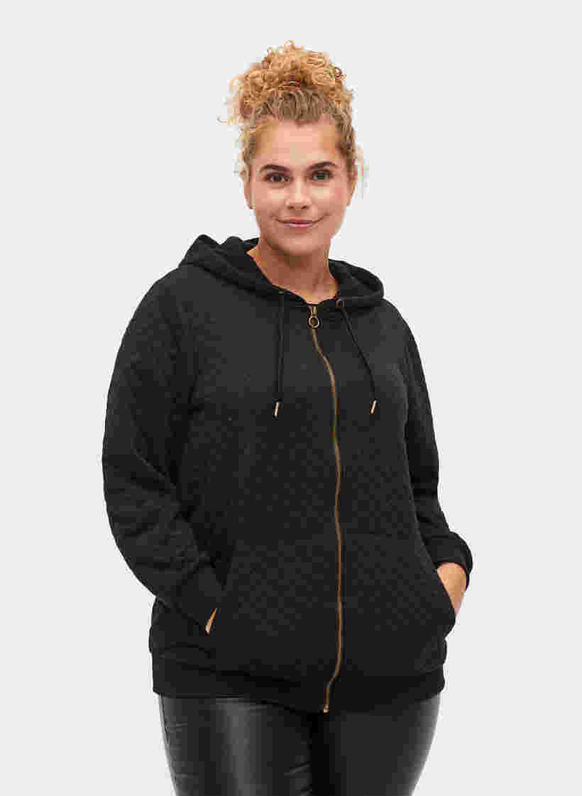 Sweat cardigan med quiltet mønster, Black, Model image number 0