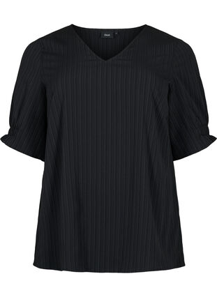 Stribet bluse med 1/2 ærmer, Black, Packshot image number 0