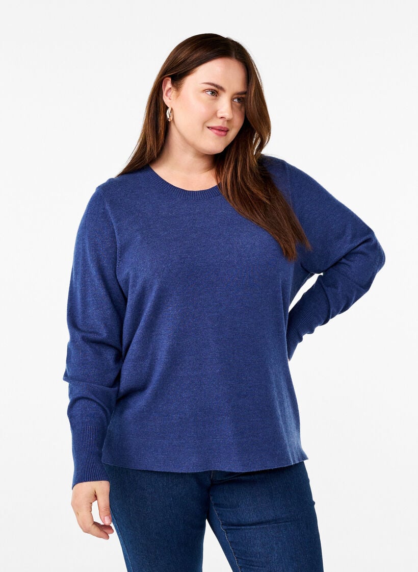 Strikbluse med rund hals, Bl&aring;, Model image number 0