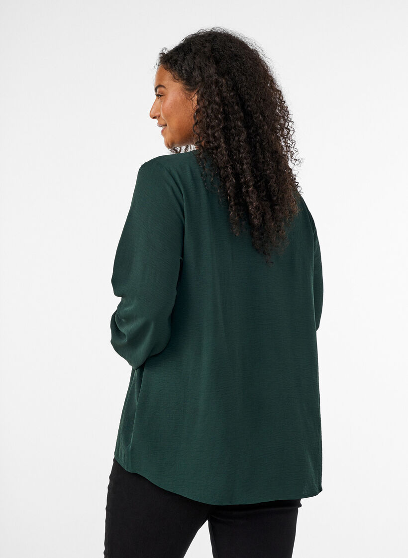 Bluse med smock manchetter og V-udsk&aelig;ring, Gr&oslash;n, Model image number 2