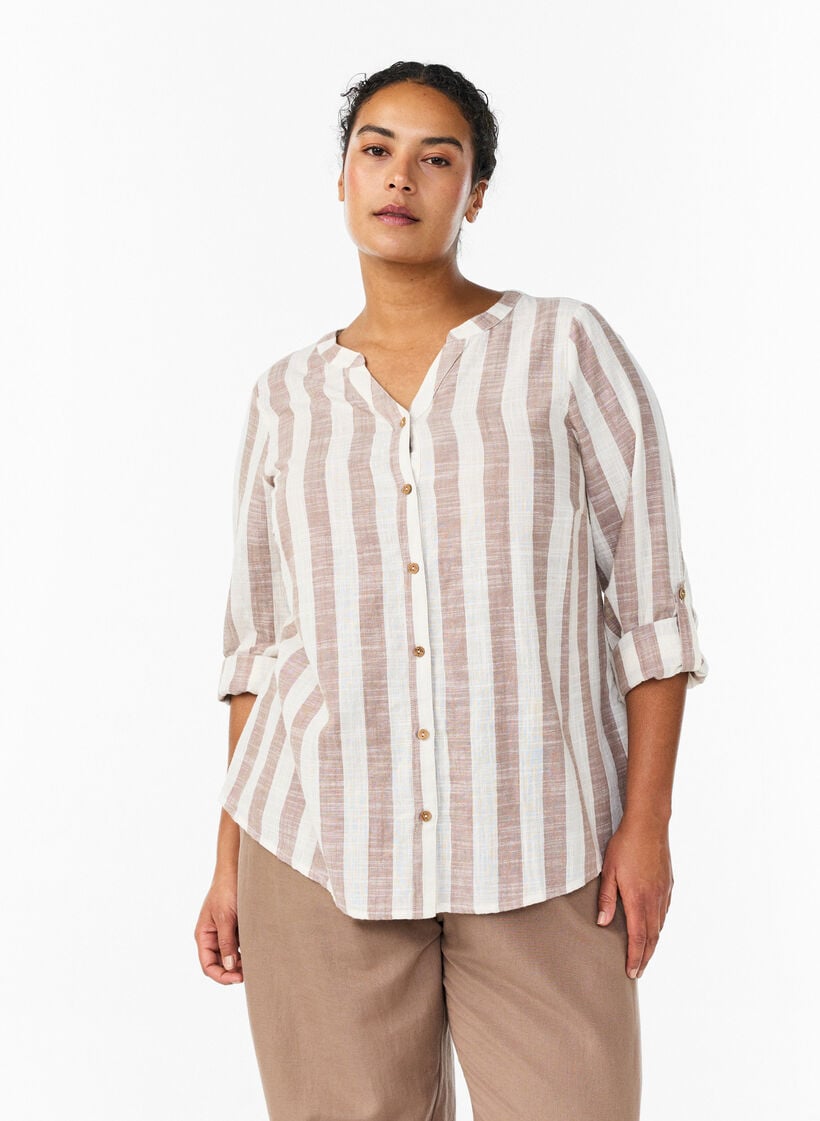 Skjortebluse i bomuld med V-udsk&aelig;ring, Beige, Model image number 0