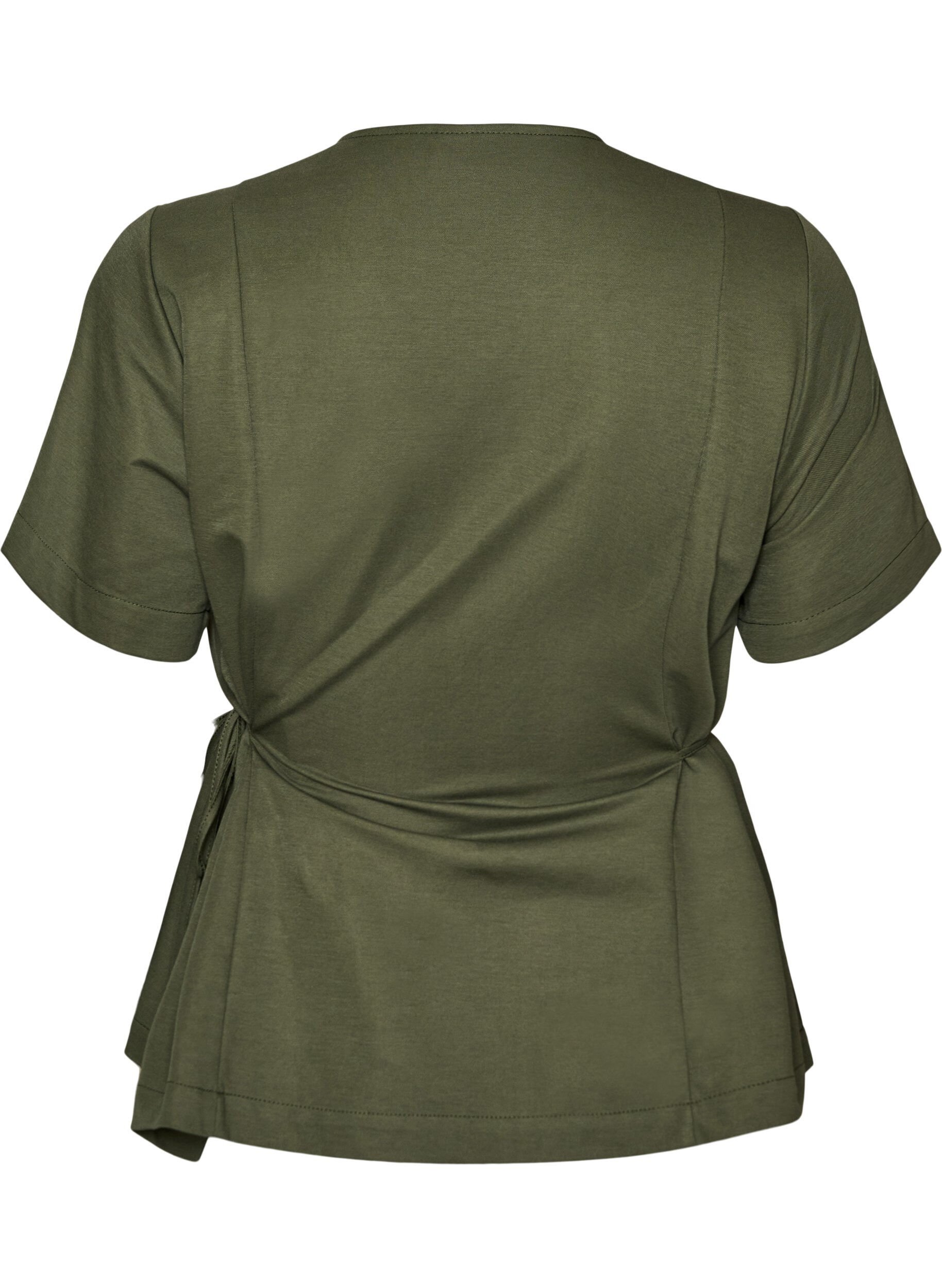 ZizziBluse i bomuldsblanding med V-hals og bindeb&aring;nd, Gr&oslash;n, Packshot image number 1