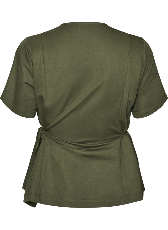 Bluse i bomuldsblanding med V-hals og bindeb&aring;nd, Gr&oslash;n, Packshot image number 1